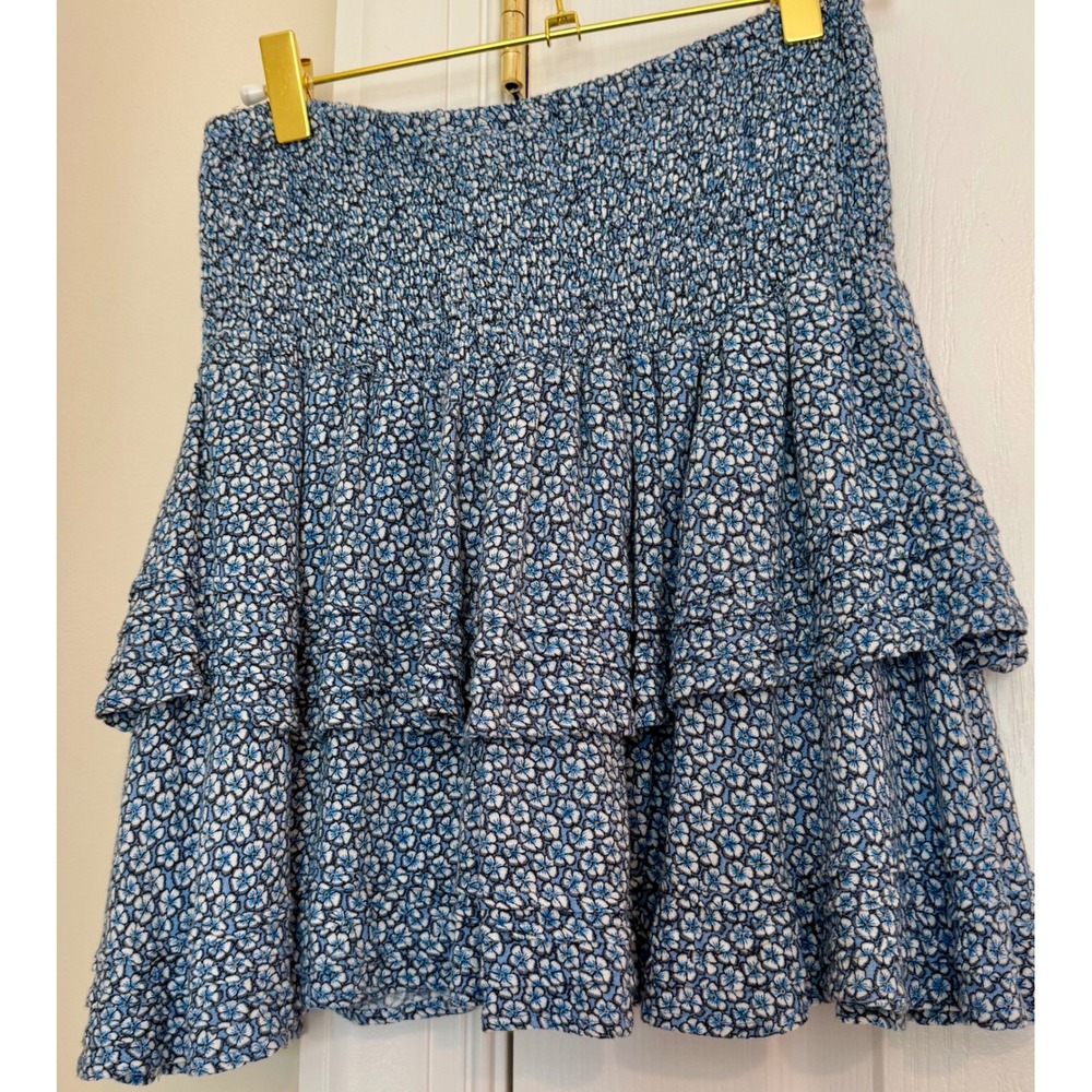 Cleobella Blue Floral Smocked Tiered Ruffle Mini Skirt 100% Rayon Boho Print S